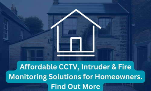 a house with text: Affordable CCTV, Intruder & Fire Monitoring Solutions for Homeowners. Find Out More
