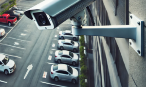 A CCTV camera mounted on a commercial building, overlooking a parking lot.