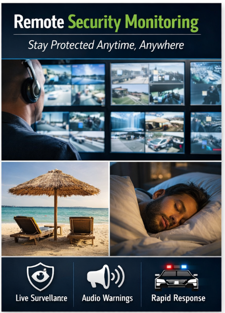 Security operator monitoring multiple CCTV screens with images of a beach and a sleeping person, symbolising holiday and overnight protection.