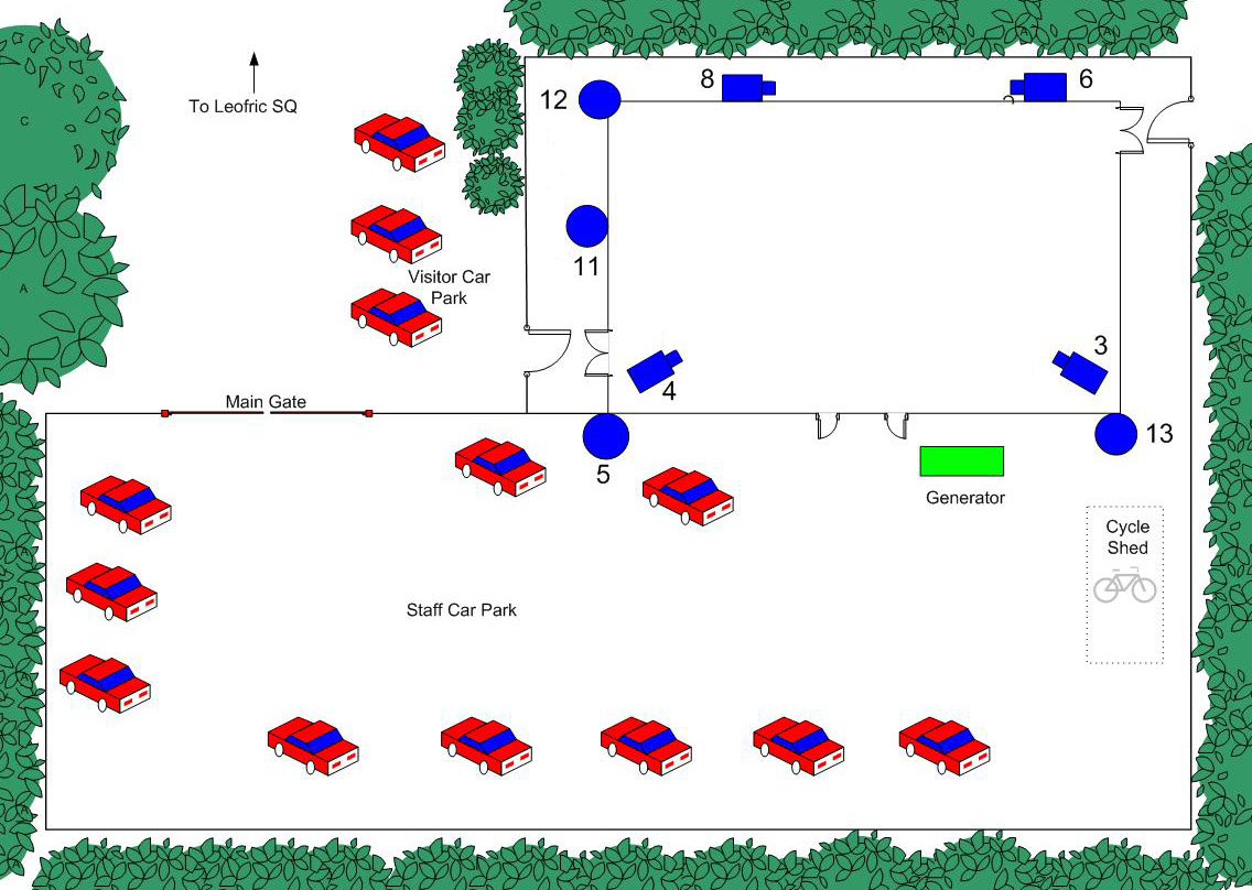 Example CCTV layout plan with zones and camera coverage areas marked